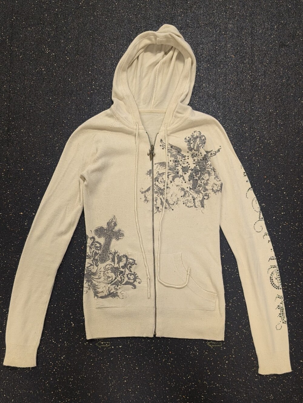 Y2K Full Zip Hoodie Sweater Womens Small Ivory Rhinestone Fleur De Lis